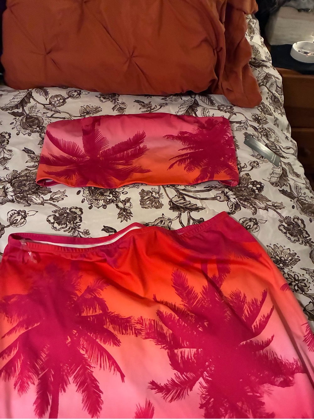No Boundaries Pink and Orange Tropical Palm Print Bandeau Set